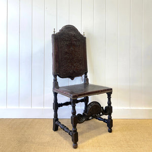 17th Cenutry Iberian or English Walnut Side Chair w/Richly Tooled and Studded Leather Seat & Back