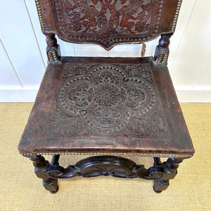 17th Cenutry Iberian or English Walnut Side Chair w/Richly Tooled and Studded Leather Seat & Back