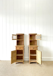 A Charming Pair of Antique Pine Nightstands with Upper Cabinets