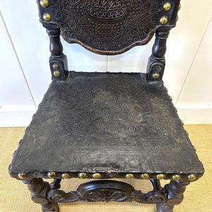 17th Century Iberian or English Walnut Side Chair, Richly Tooled and Studded Leather Seat & Back