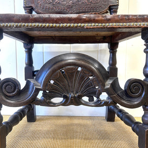 17th Cenutry Iberian or English Walnut Side Chair w/Richly Tooled and Studded Leather Seat & Back