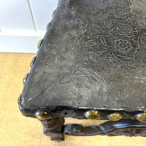 17th Century Iberian or English Walnut Side Chair, Richly Tooled and Studded Leather Seat & Back