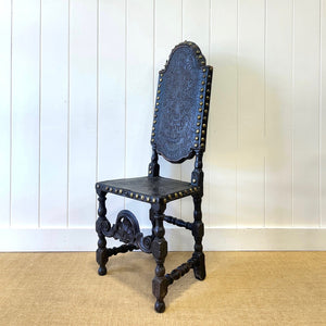 17th Century Iberian or English Walnut Side Chair, Richly Tooled and Studded Leather Seat & Back