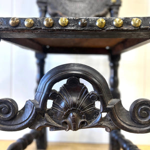 17th Century Iberian or English Walnut Side Chair, Richly Tooled and Studded Leather Seat & Back