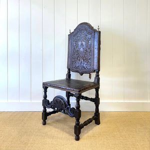 17th Cenutry Iberian or English Walnut Side Chair w/Richly Tooled and Studded Leather Seat & Back