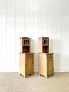 A Charming Pair of Antique Pine Nightstands with Upper Cabinets