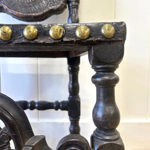 17th Century Iberian or English Walnut Side Chair, Richly Tooled and Studded Leather Seat & Back