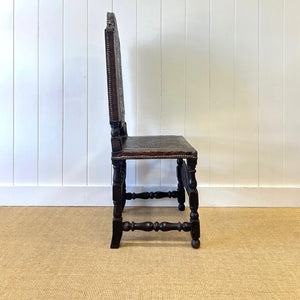 17th Cenutry Iberian or English Walnut Side Chair w/Richly Tooled and Studded Leather Seat & Back