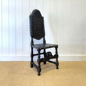 17th Century Iberian or English Walnut Side Chair, Richly Tooled and Studded Leather Seat & Back