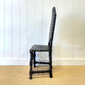 17th Century Iberian or English Walnut Side Chair, Richly Tooled and Studded Leather Seat & Back