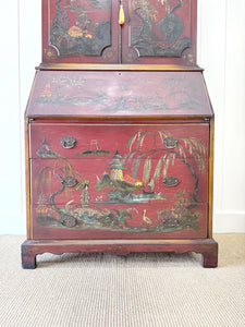 An Antique Red Chinoiserie Bookcase Cabinet or Hutch