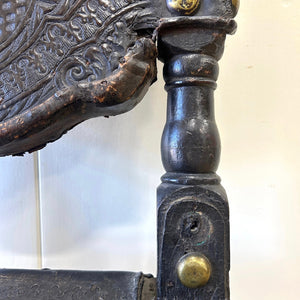 17th Century Iberian or English Walnut Side Chair, Richly Tooled and Studded Leather Seat & Back