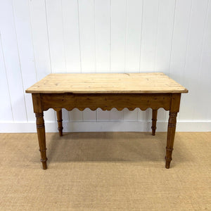 An Antique English Country Pine 4.5 ft Kitchen Dining Table with Scalloped Apron c1890