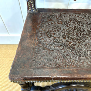 17th Cenutry Iberian or English Walnut Side Chair w/Richly Tooled and Studded Leather Seat & Back