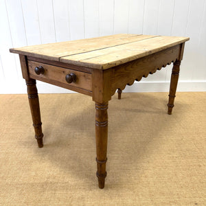 An Antique English Country Pine 4.5 ft Kitchen Dining Table with Scalloped Apron c1890