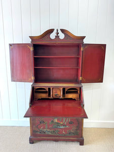 An Antique Red Chinoiserie Bookcase Cabinet or Hutch