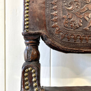 17th Cenutry Iberian or English Walnut Side Chair w/Richly Tooled and Studded Leather Seat & Back