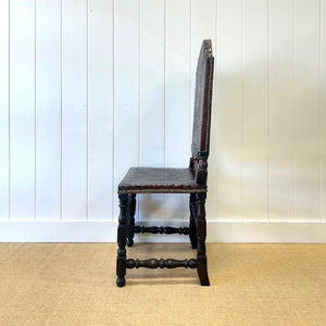 17th Cenutry Iberian or English Walnut Side Chair w/Richly Tooled and Studded Leather Seat & Back