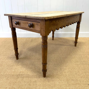 An Antique English Country Pine 4.5 ft Kitchen Dining Table with Scalloped Apron c1890