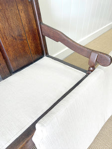 A Good 19th Century English Oak Settle with Freshly Upholstered Seat