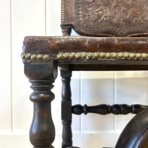 17th Cenutry Iberian or English Walnut Side Chair w/Richly Tooled and Studded Leather Seat & Back