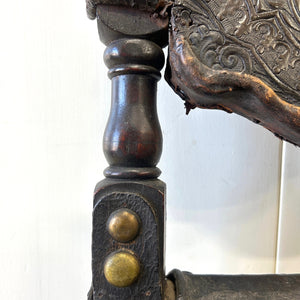 17th Century Iberian or English Walnut Side Chair, Richly Tooled and Studded Leather Seat & Back