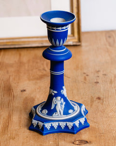 Wedgewood Cobalt Jasperware 8 Inch Candlestick Holders 19th Century