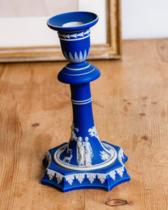 Wedgewood Cobalt Jasperware 8 Inch Candlestick Holders 19th Century