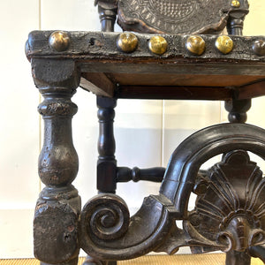 17th Century Iberian or English Walnut Side Chair, Richly Tooled and Studded Leather Seat & Back