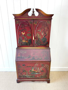 An Antique Red Chinoiserie Bookcase Cabinet or Hutch