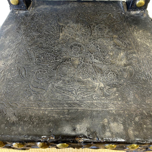 17th Century Iberian or English Walnut Side Chair, Richly Tooled and Studded Leather Seat & Back