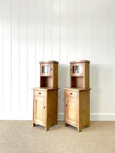 A Charming Pair of Antique Pine Nightstands with Upper Cabinets