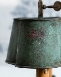 An Antique French Painted Toleware and Brass Twin Desk Lamp