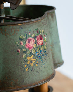 An Antique French Painted Toleware and Brass Twin Desk Lamp