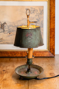 An Antique French Painted Toleware and Brass Twin Desk Lamp