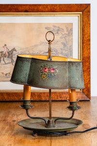 An Antique French Painted Toleware and Brass Twin Desk Lamp