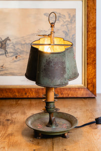 An Antique French Painted Toleware and Brass Twin Desk Lamp