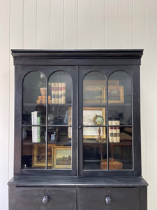 A Large and Stunning English Ebonized Pine Secretary Bookcase c1890