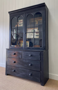 A Large and Stunning English Ebonized Pine Secretary Bookcase c1890