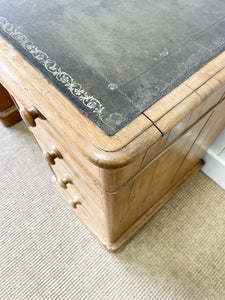 Antique English Pine Pedestal Desk with Green Leather Top c1890