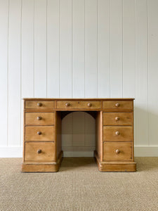 Antique English Pine Pedestal Desk with Green Leather Top c1890