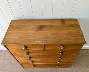 A Large Antique English Pine Chest of Drawers Dresser with Black Wooden Knobs c1890