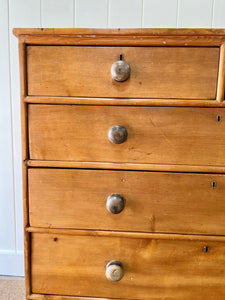 A Large Antique English Pine Chest of Drawers Dresser with Black Wooden Knobs c1890