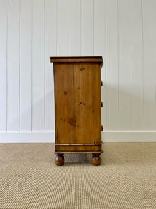 A Charming English Pine Chest of Drawers Dresser with Wooden Knobs and Ball Feet c1890