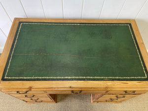 Antique English Pine Pedestal Desk with Swan Neck Brasses c1890