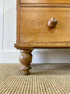 A Charming English Pine Deep Chest of Drawers Dresser with Wooden Knobs c1890