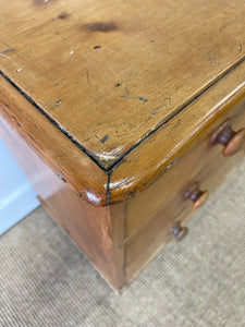 A Charming English Pine Deep Chest of Drawers Dresser with Wooden Knobs c1890