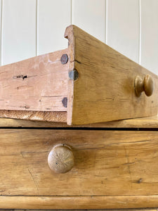 A Large and Primitive English Pine Chest of Drawers Dresser with Wooden Knobs c1850