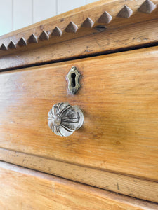 A Delightful Chip Carved English Pine Chest of Drawers Dresser with Glass Knobs c1890