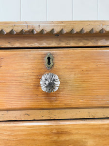 A Delightful Chip Carved English Pine Chest of Drawers Dresser with Glass Knobs c1890